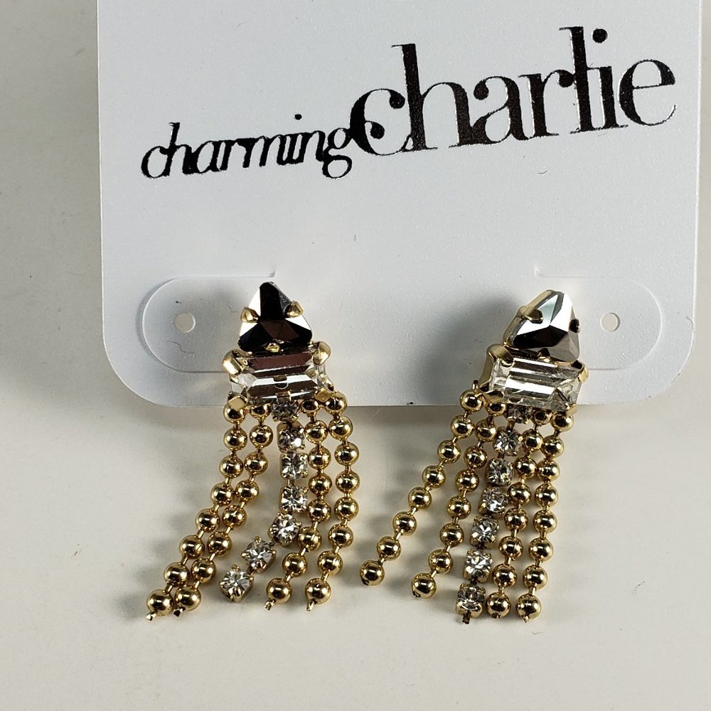Charming Charlie Polished Gold-tone and Crystal Beaded Fringe Teardrop Earrings - Picture 5 of 9